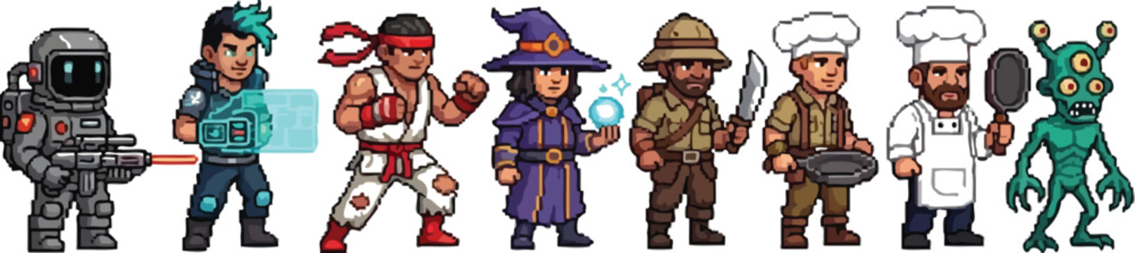 Collection of diverse pixel art character sprites featuring an astronaut martial artist mage explorer chef and strange alien monster ready for adventure games