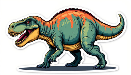 Obraz premium Cartoon dinosaur sticker cute dinosaur t rex prehistoric animal green orange reptile roaring monster jurassic predator kids illustration colorful
