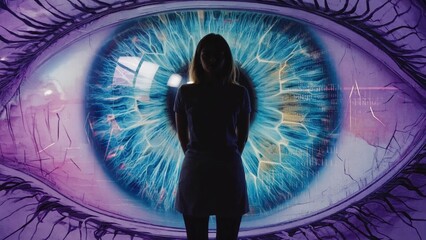 Silhouette of woman standing in front of giant glowing blue digital eye with abstract technology details, surveillance, artificial intelligence, biometric recognition, future monitoring, cybersecurity