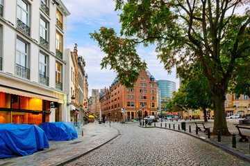 Early morning view of picturesque cobblestone streets at Grasmarkt, or Grass Market at Agora Square in the historic center of Brussels, Belgium © Kirk Fisher