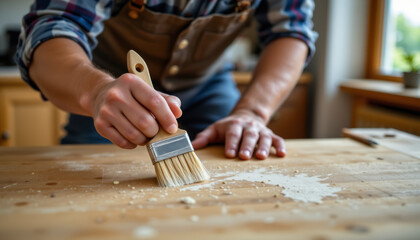 Man hand brush wood table dust workshop project, male carpenter apron plaid shirt cleaning surface sunlight window focused work