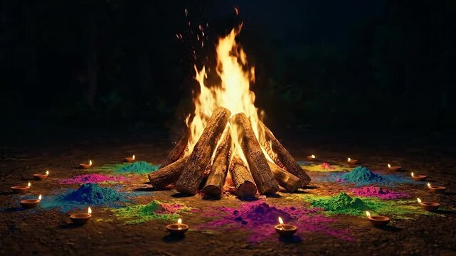 Cinematic night shot of a fiery holika dahan pyre surrounded by colorful gulal and glowing diyas.