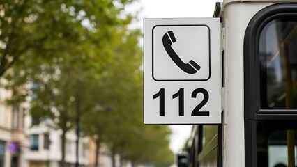 White bus with emergency phone sign 112 attached to its side on a tree-lined street