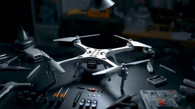 Quad copter drone resting on workbench surrounded by tools and electronic equipment