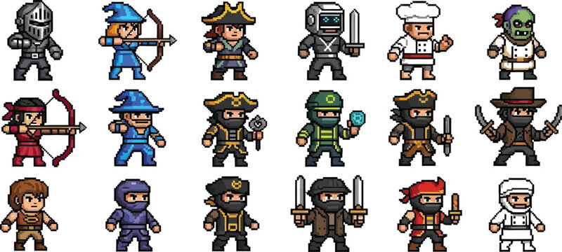 Collection of eighteen diverse pixel art video game characters featuring knights archers pirates ninjas wizards chefs and zombies ready for adventure