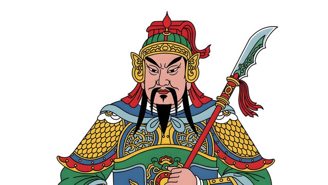 Ancient Chinese Warrior in Armor Holding Sword.