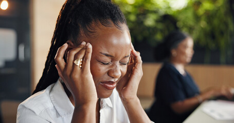 Woman, headache and stress at startup, tension and exhausted with temple massage at media company. Person, journalist and coworking with migraine, chronic pain or burnout with job at creative agency