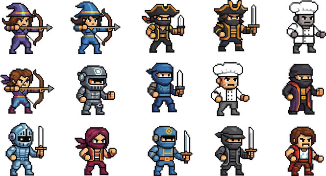 Collection of diverse pixel art character sprites including archers pirates knights ninjas chefs and warriors suitable for retro side-scrolling video games development.