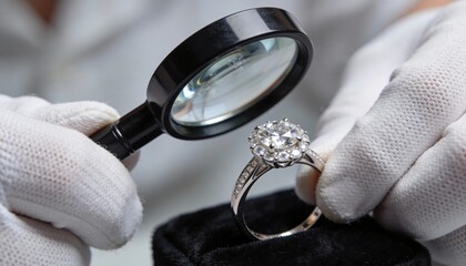 Expert jeweler wearing white gloves inspecting a large diamond engagement ring, using a magnifying glass, focusing on clarity and cut.
