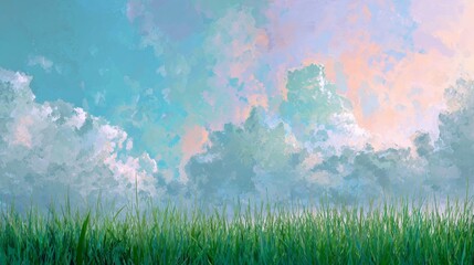 Fototapeta premium Garden scene with green grass and pastel sky
