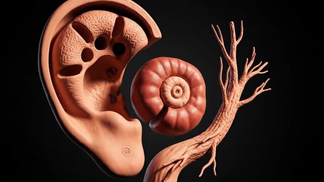 A rotating 3D rendering of the intricate human ear, cochlea, and auditory nerve system for educational purposes.