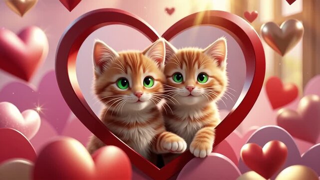 Valentines Day Cute Cats Couple in Heart, Love Concept with Copy Space