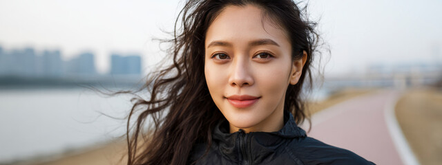 A radiant woman with flowing dark hair, captured in a close-up shot against a blurred urban backdrop.