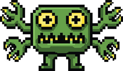 Fototapeta premium Pixel art illustration depicts a menacing green square monster character design featuring four sharp clawed arms and glowing yellow eyes suitable for retro arcade games.