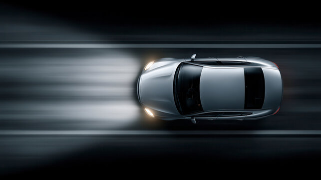 High-angle shot of a silver car speeding down a dark road, headlights blurred by the motion, dramatic view