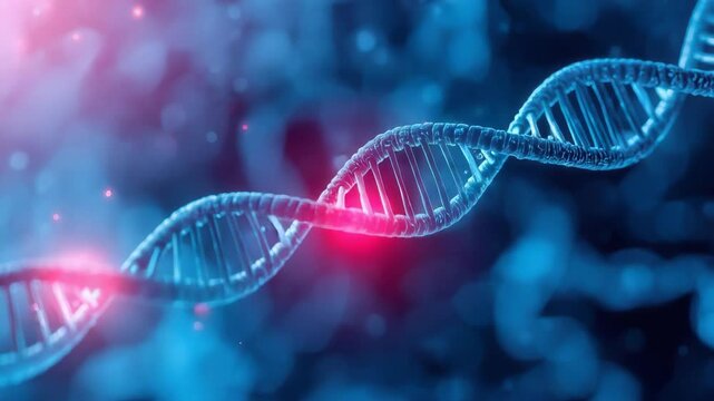 Blue molecular genetic genome double helix strand glowing highlights bokeh pink scientific