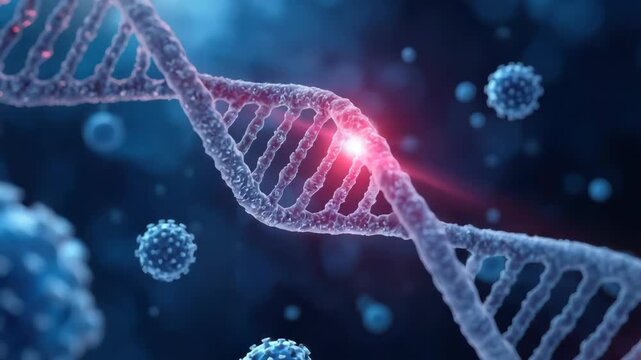 DNA double helix with glowing mutation hotspot amid floating virus particles dramatic blue medical