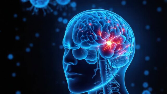 Neon medical illustration human brain with glowing neural activity neuron skull spinal cord nervous