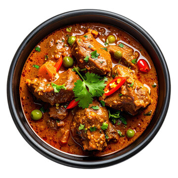 Aromatic mutton rogan josh in a contrasting dark bowl, highlighting the deep color of the curry isolated on white background