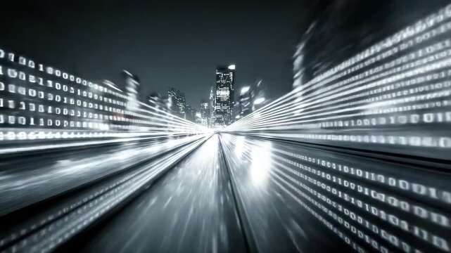 High speed data tunnel highway of light toward city skyline motion blur futuristic speed digital binary energy pulse creating dynamic urban night travel excitement