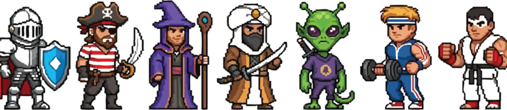 A collection of distinct pixel art character sprites featuring a knight pirate wizard sorcerer arab martial artist alien and weightlifter