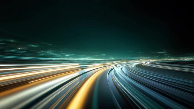 Futuristic motion blur highway night with glowing teal and amber light trails curving into distance conveying dynamic long exposure feeling and sleek modern speed impression futuristic light trail