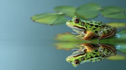 Frog on a lily pad with water reflection 