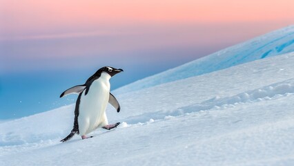 Obraz premium Majestic Gentoo Penguin Walking on a Snowy Slope During Golden Hour in Antarctica