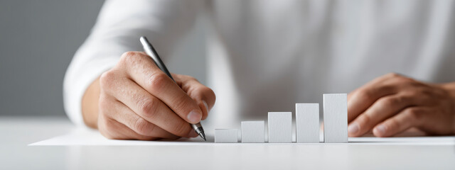 Close-up of hand drawing bar graph depicting progress and success, visualized by rising blocks.