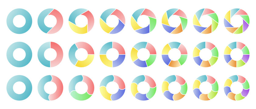 Circle diagram, pie chart infographic design. business elements and statistics with numbers. Colorful diagram collection with, 1 to 8 sections. colorful, infographics set