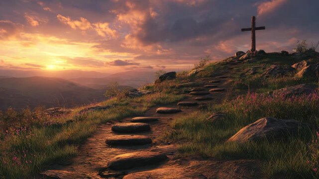 Sunset hill path of stone steps leading to wooden cross rocky summit and grassy hilltop with wildflowers, warm glowing sky, clouds, sunrise hinted landscape and rolling valley views evoking peaceful