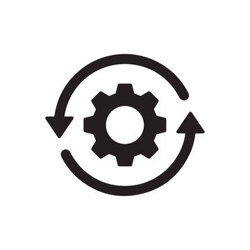 Black single round gear workflow icon, simple cog wheel process circle loop flat design vector pictogram, infographic interface elements for app logo web button ui ux isolated on white background