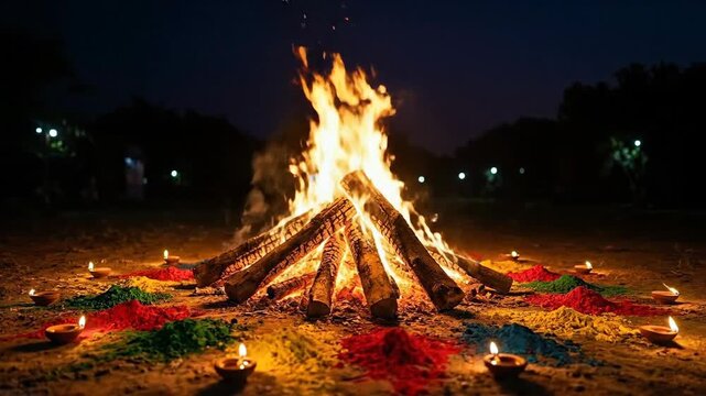 Fiery holika dahan bonfire burning brightly at night, surrounded by colorful holi powders and traditional diyas on the dark ground.