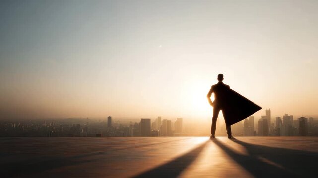 Silhouette businessperson rooftop sunrise with cape flowing, confident man superhero pose inspiring empowerment and ambition overlooking cityscape skyline with long shadow, dramatic light evoking