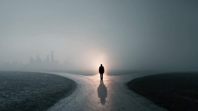 Solitary man walking on foggy forked path toward glowing light and distant city skyline, silhouette and long shadow, moody reflective atmosphere with soft dawn light