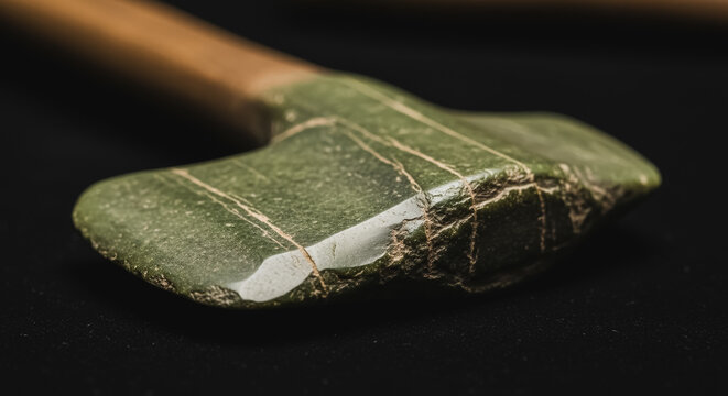 Macro Detail of Ancient Green Jade Stone Axe Head (Toki) on Black Background, Revealing Polished Surface and Natural Veining, Historical Tool Artifact Close-up.