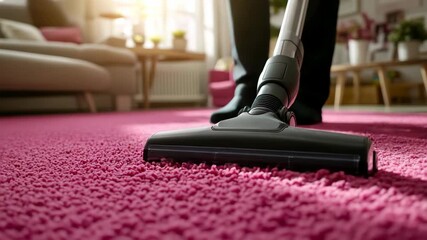 A vacuum cleaner cleaning a soft pink carpet in a cozy sunlit living room with modern furniture, symbolizing cleanliness, domestic lifestyle, home hygiene, and importance of everyday household care.