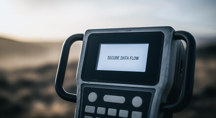 Secure Data Flow message displayed on rugged handheld device screen outdoors. Concept of digital privacy, cyber security, protected remote communication, and reliable field technology.
