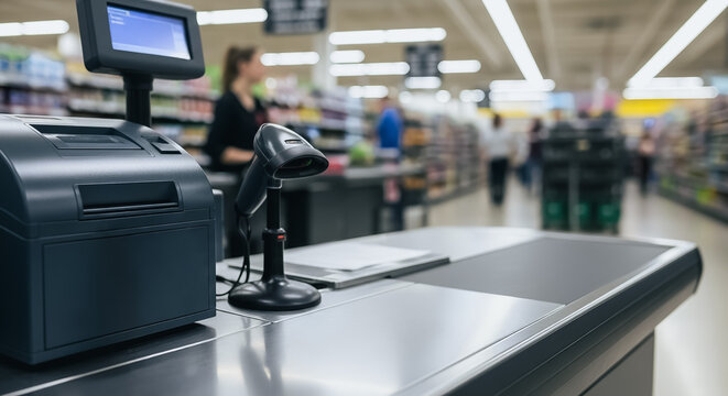 Modern Supermarket Checkout Counter with POS Terminal and Barcode Scanner. Retail Cashier Station, Commerce Technology, and Grocery Shopping Experience.