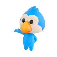 Fototapeta premium Cute 3D render Blue Bird character gesturing to the side as presenting, isolated on white background.