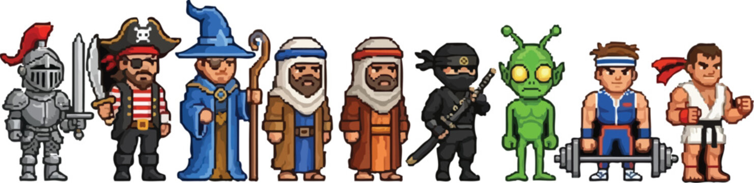 Collection of diverse pixel art retro video game characters including a knight a pirate a wizard an alien and martial artists standing side by side