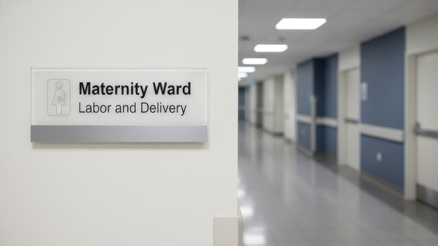 Maternity Ward Sign in Hospital Hallway Directing to Labor and Delivery Services for Expecting Mothers