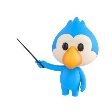 Cute 3D render Blue Bird character pointing to the side with a stick, explaining or teaching something, friendly mascot style, isolated on white background.