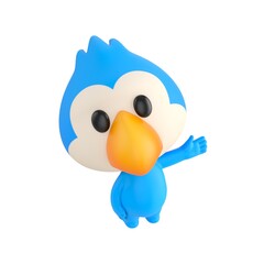 Fototapeta premium Cute 3D render Blue Bird character looking up at the camera while gesturing to the side with one hand, friendly and welcoming pose, isolated on white background.