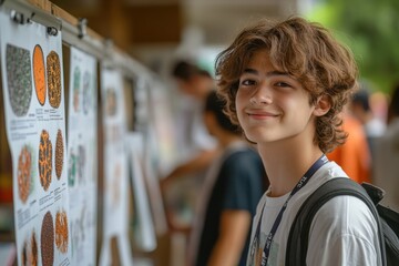 Young Boy Smiling While Observing Educational Poster Display Outdoors