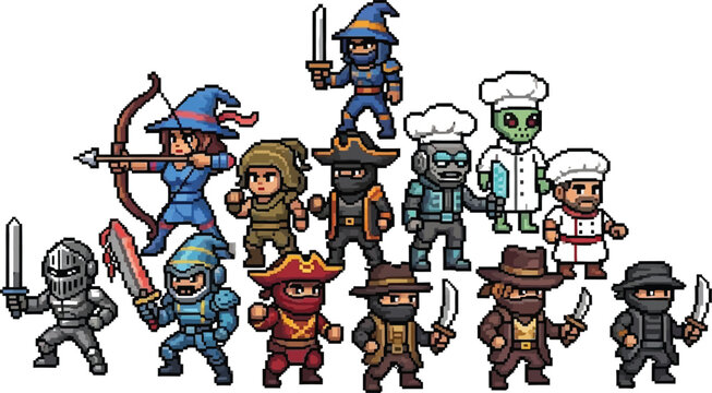 Collection of diverse pixel art character sprites including fantasy fighters adventurers rogues and unique chef figures for game development assets