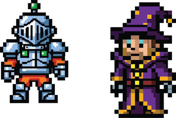 Obraz premium Classic pixel art sprites featuring a fully armored knight character standing beside a mysterious wizard wearing a pointed purple hat.