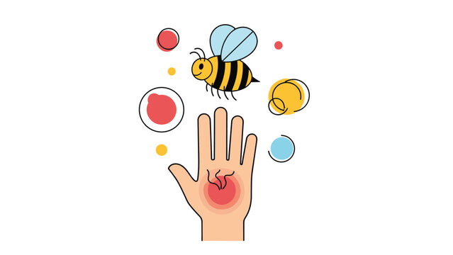 An illustration of a bee sting on a human hand, showing redness and swelling, symbolizing an allergic reaction or insect bite first aid.