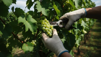 Obraz premium Grape Harvesting: A Vintner's Hands Carefully Cutting Ripe, Green Grapes in a Vineyard on a Sunny Day