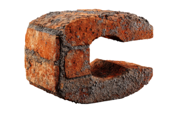 Ancient rusty metal letter c isolated on transparent background. Broken red brick construction element isolated on white background.